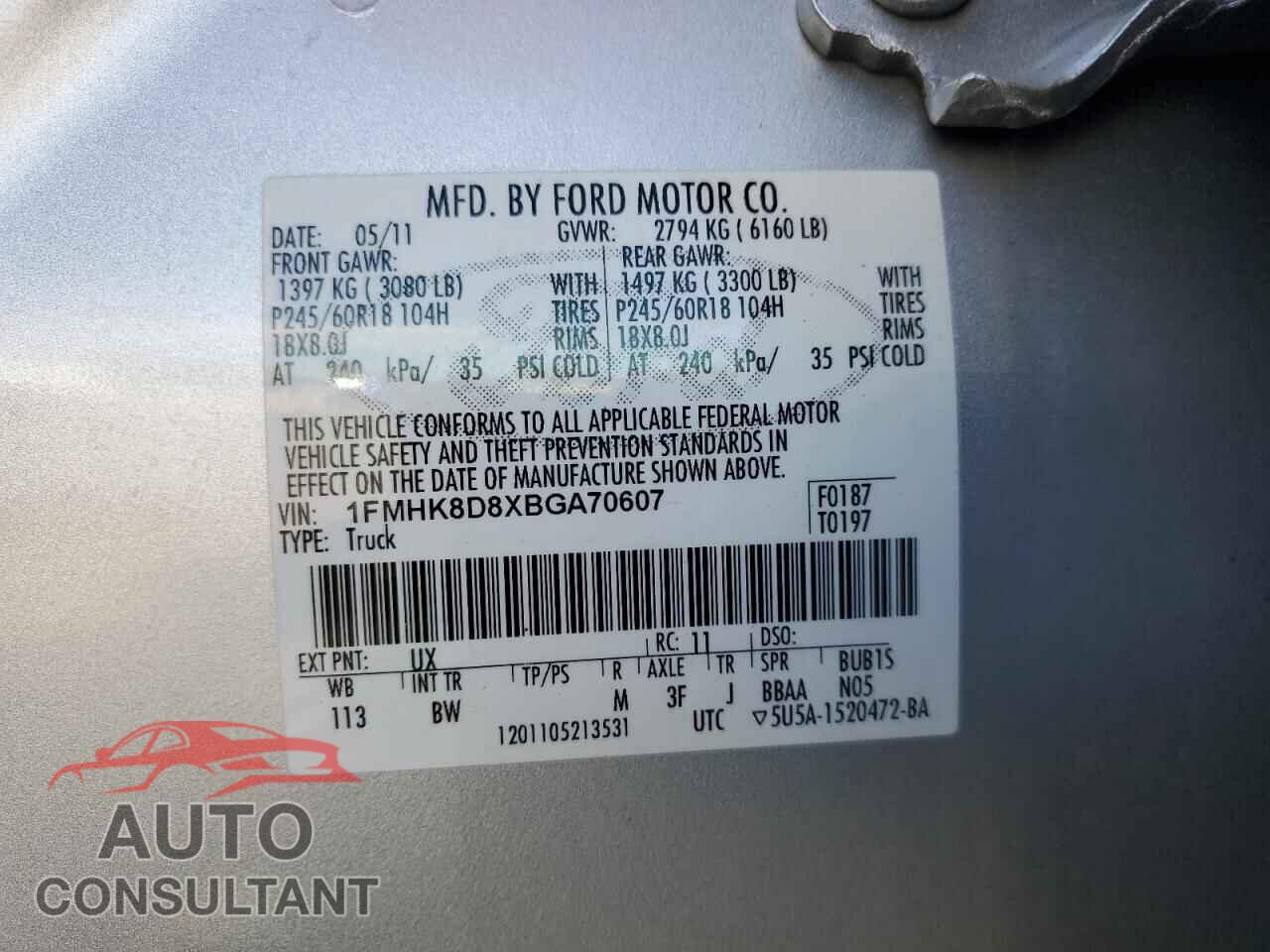 FORD EXPLORER 2011 - 1FMHK8D8XBGA70607