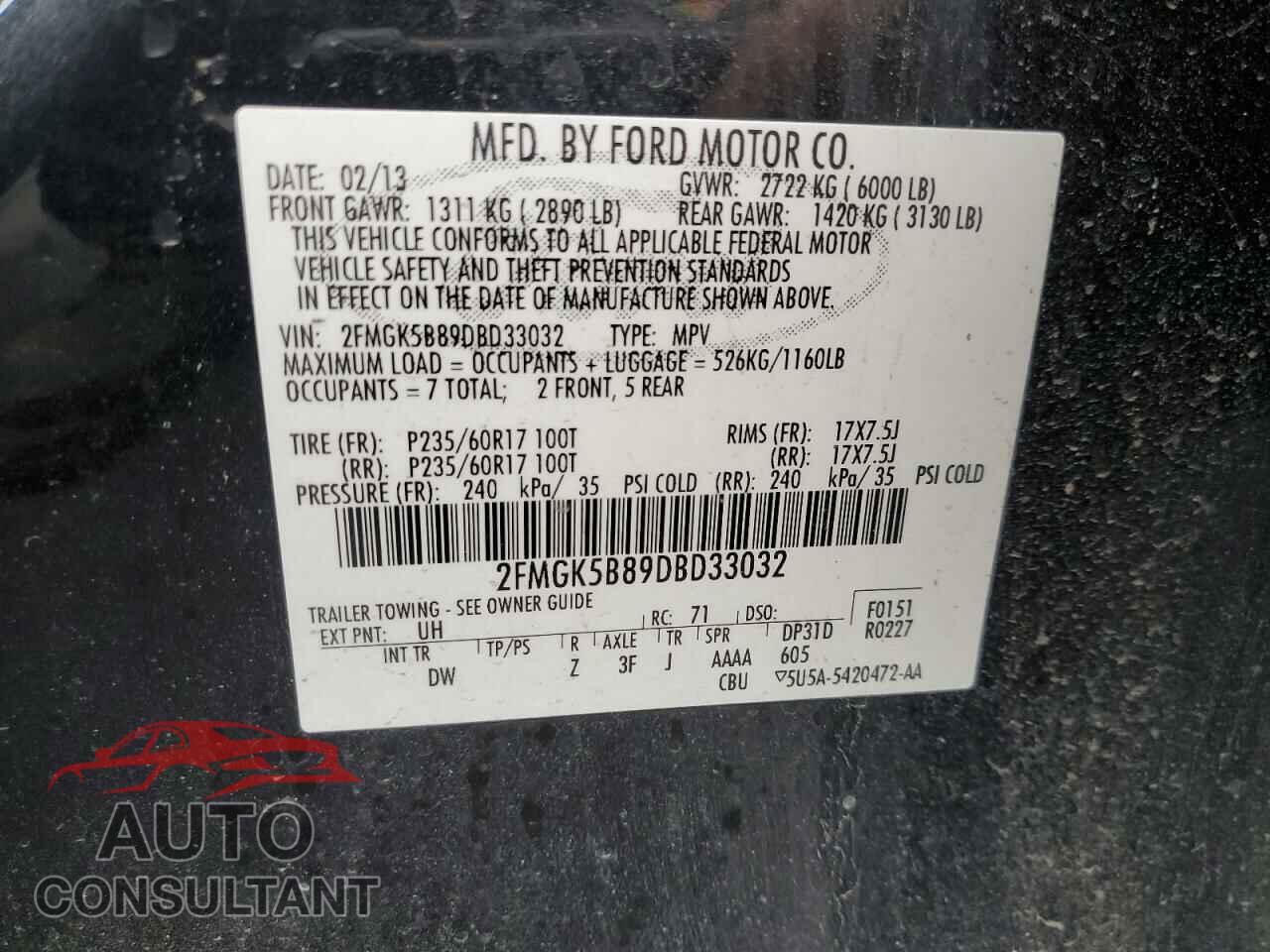 FORD FLEX 2013 - 2FMGK5B89DBD33032