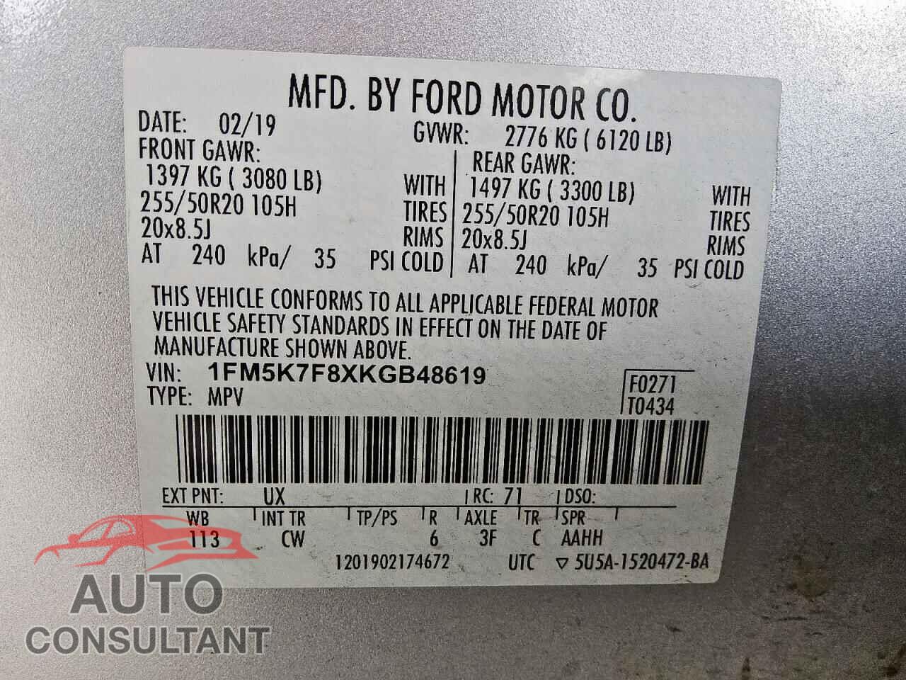 FORD EXPLORER 2019 - 1FM5K7F8XKGB48619