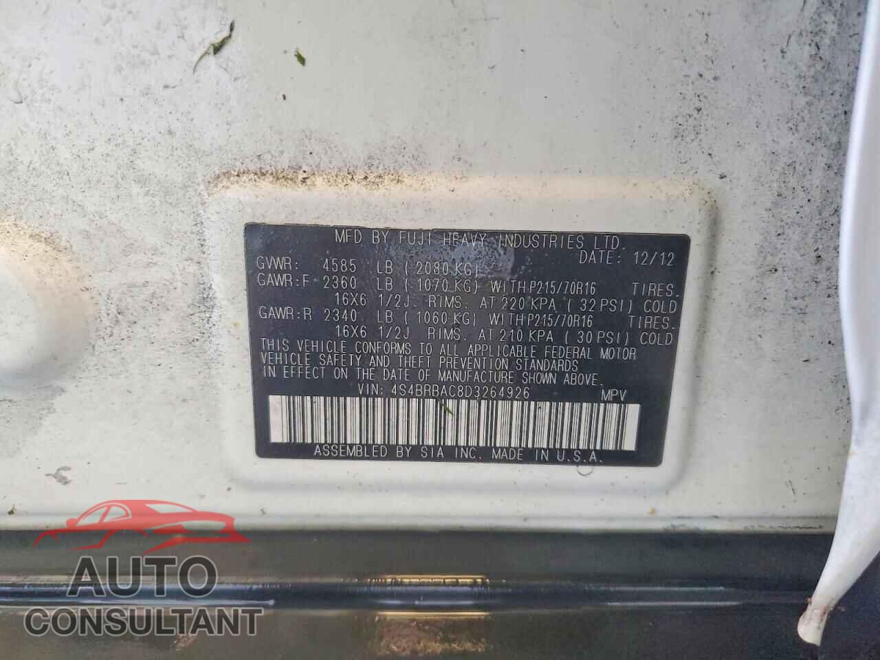 SUBARU OUTBACK 2013 - 4S4BRBAC8D3264926
