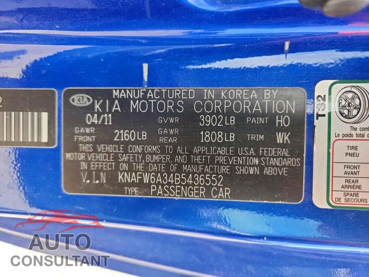 KIA FORTE 2011 - KNAFW6A34B5436552