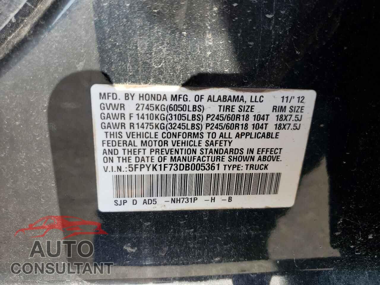 HONDA RIDGELINE 2013 - 5FPYK1F73DB005361
