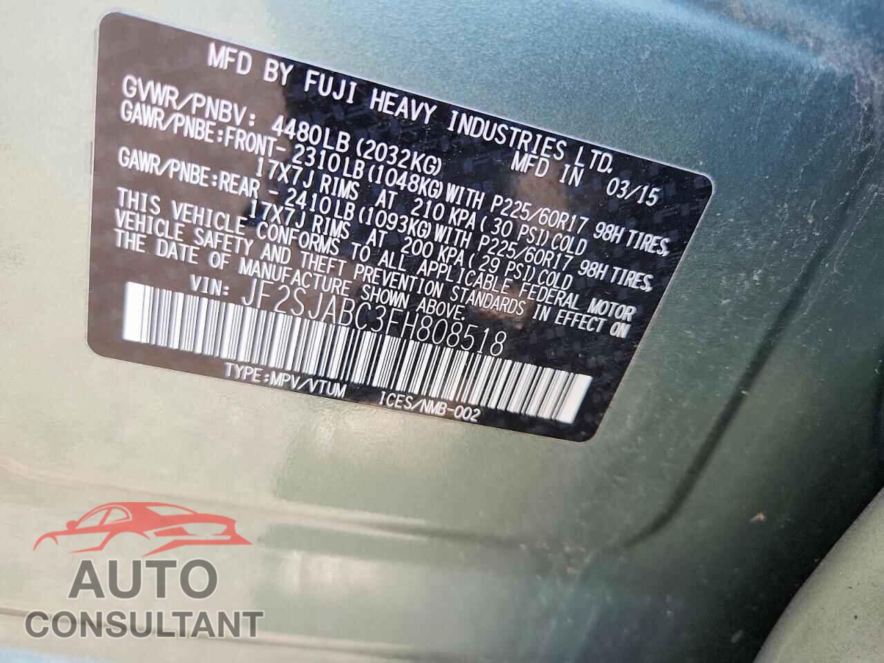 SUBARU FORESTER 2015 - JF2SJABC3FH808518
