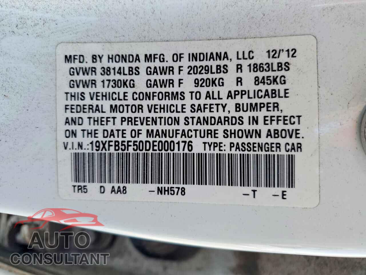 HONDA CIVIC 2013 - 19XFB5F50DE000176