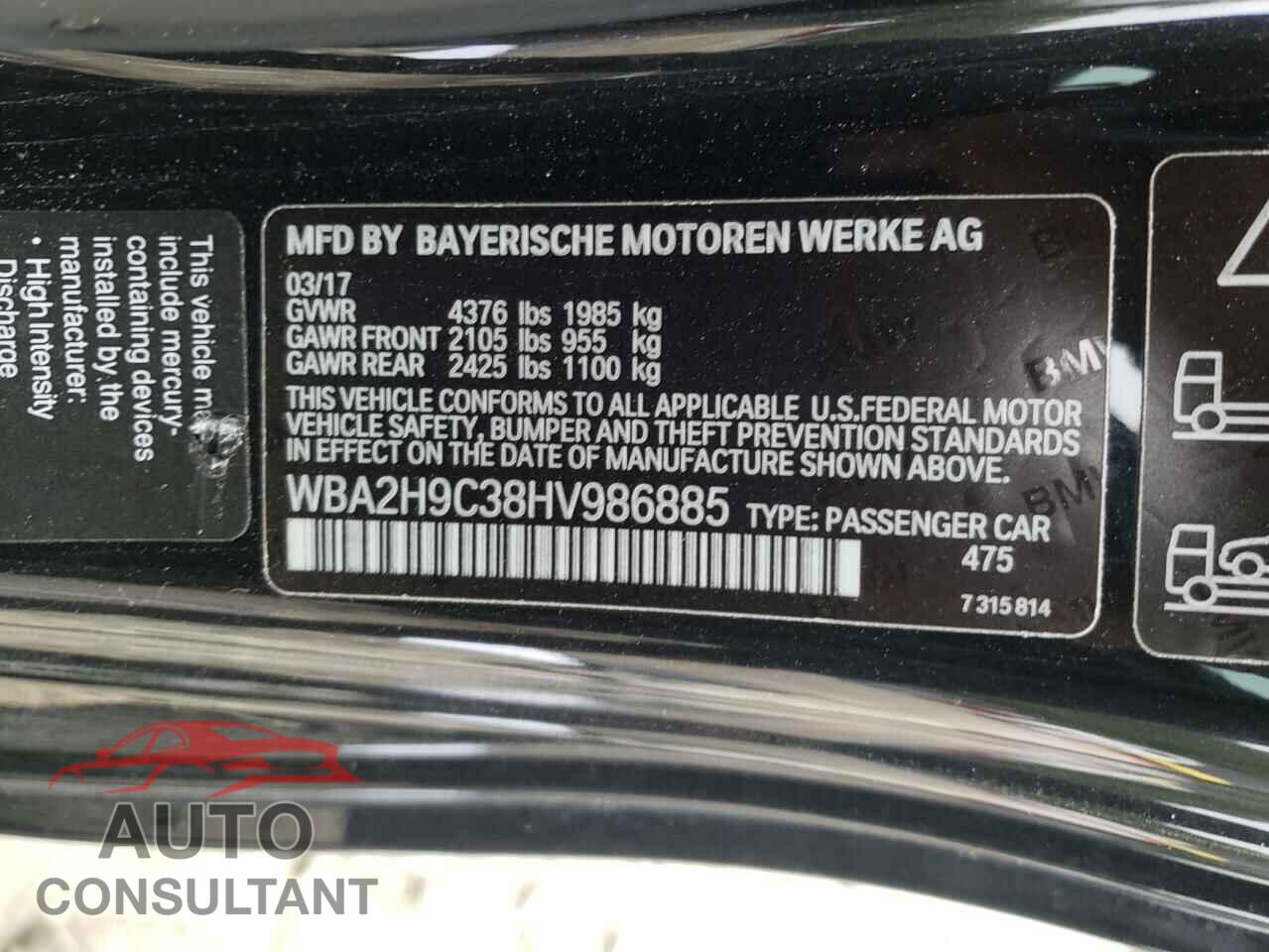 BMW 2 SERIES 2017 - WBA2H9C38HV986885