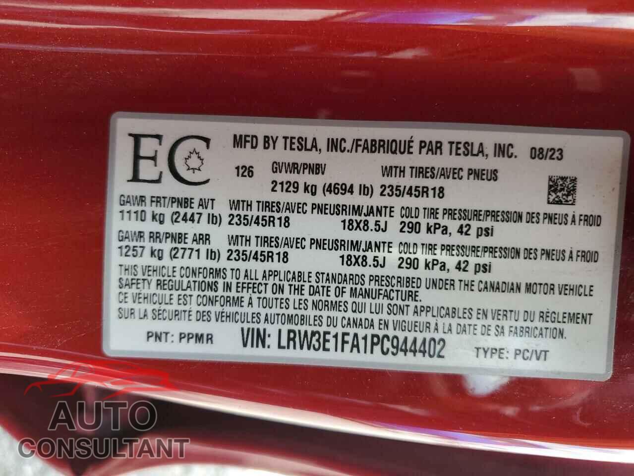 TESLA MODEL 3 2023 - LRW3E1FA1PC944402