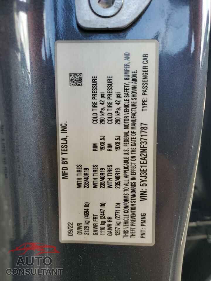 TESLA MODEL 3 2022 - 5YJ3E1EA2NF371787