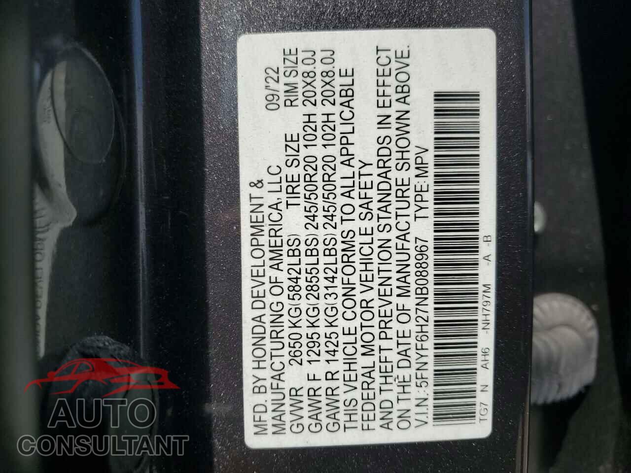 HONDA PILOT 2022 - 5FNYF6H27NB088967