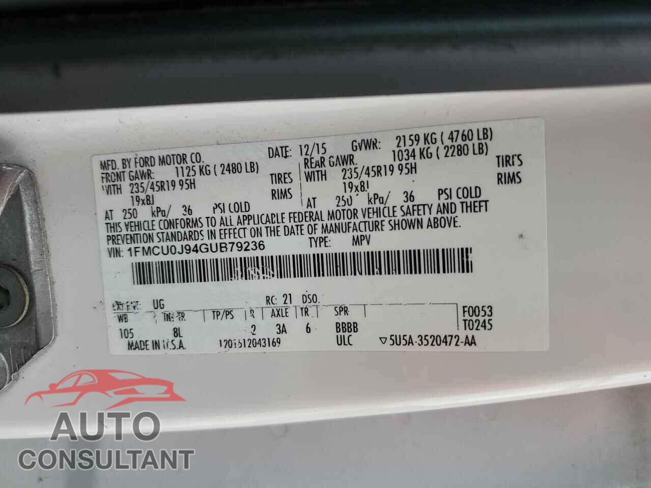 FORD ESCAPE 2016 - 1FMCU0J94GUB79236