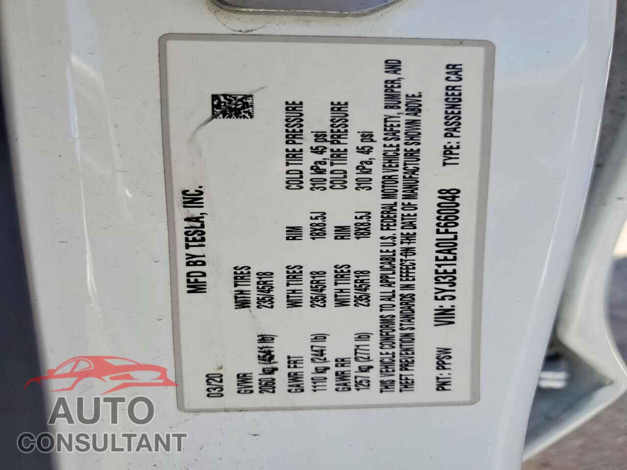 TESLA MODEL 3 2020 - 5YJ3E1EA0LF660048