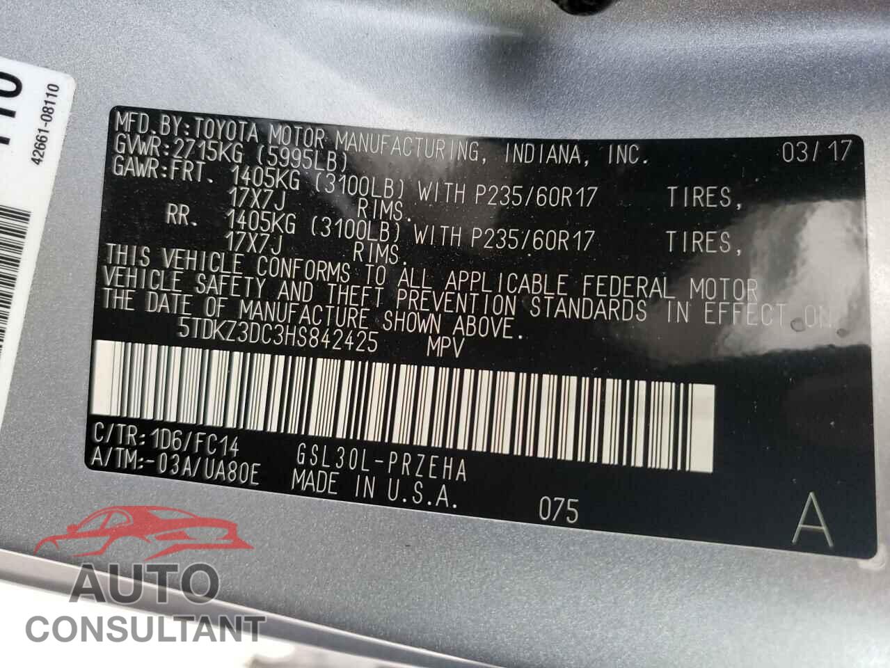 TOYOTA SIENNA 2017 - 5TDKZ3DC3HS842425