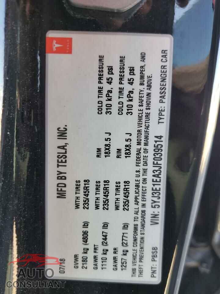 TESLA MODEL 3 2018 - 5YJ3E1EA3JF039514
