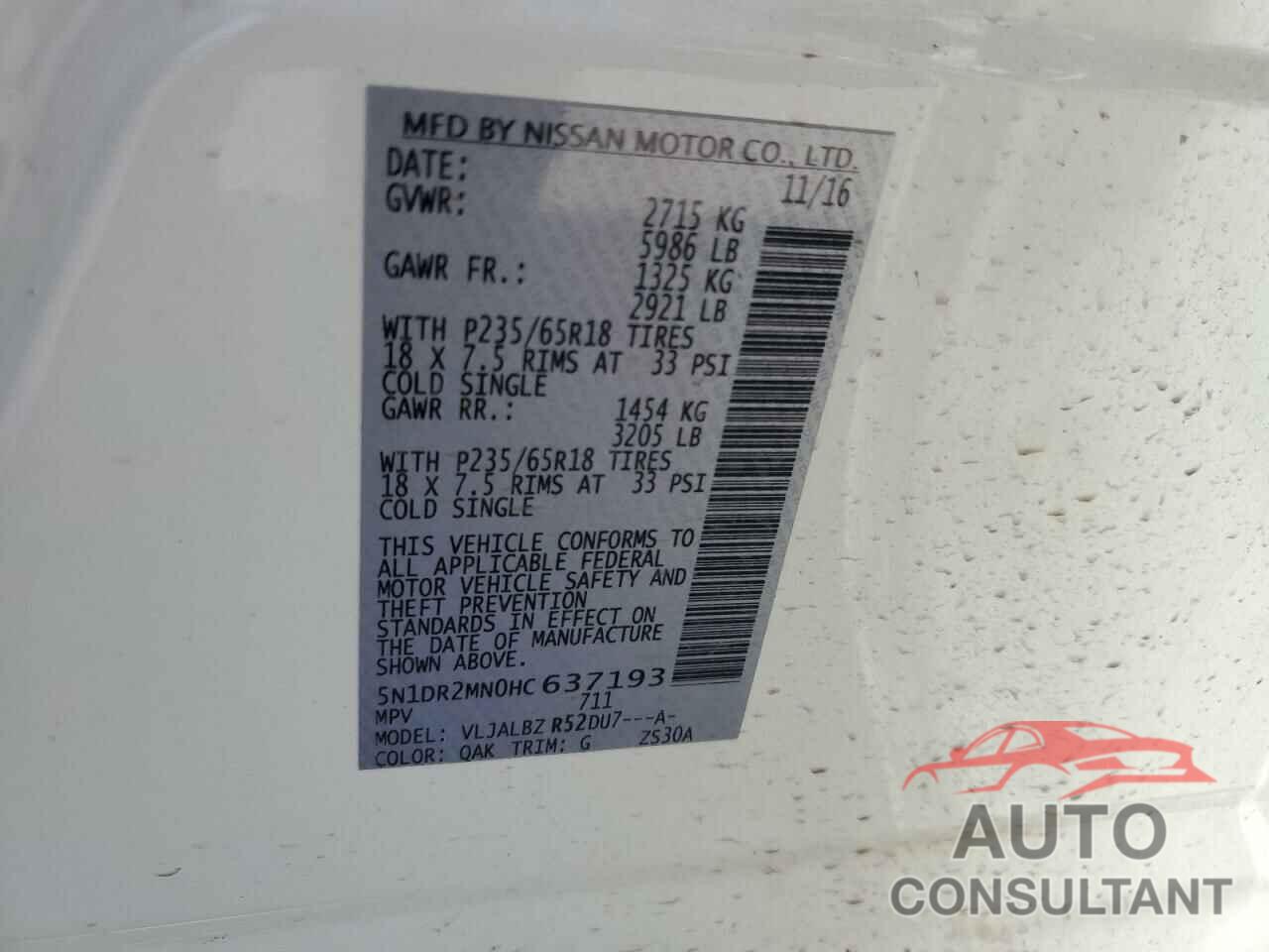 NISSAN PATHFINDER 2017 - 5N1DR2MN0HC637193