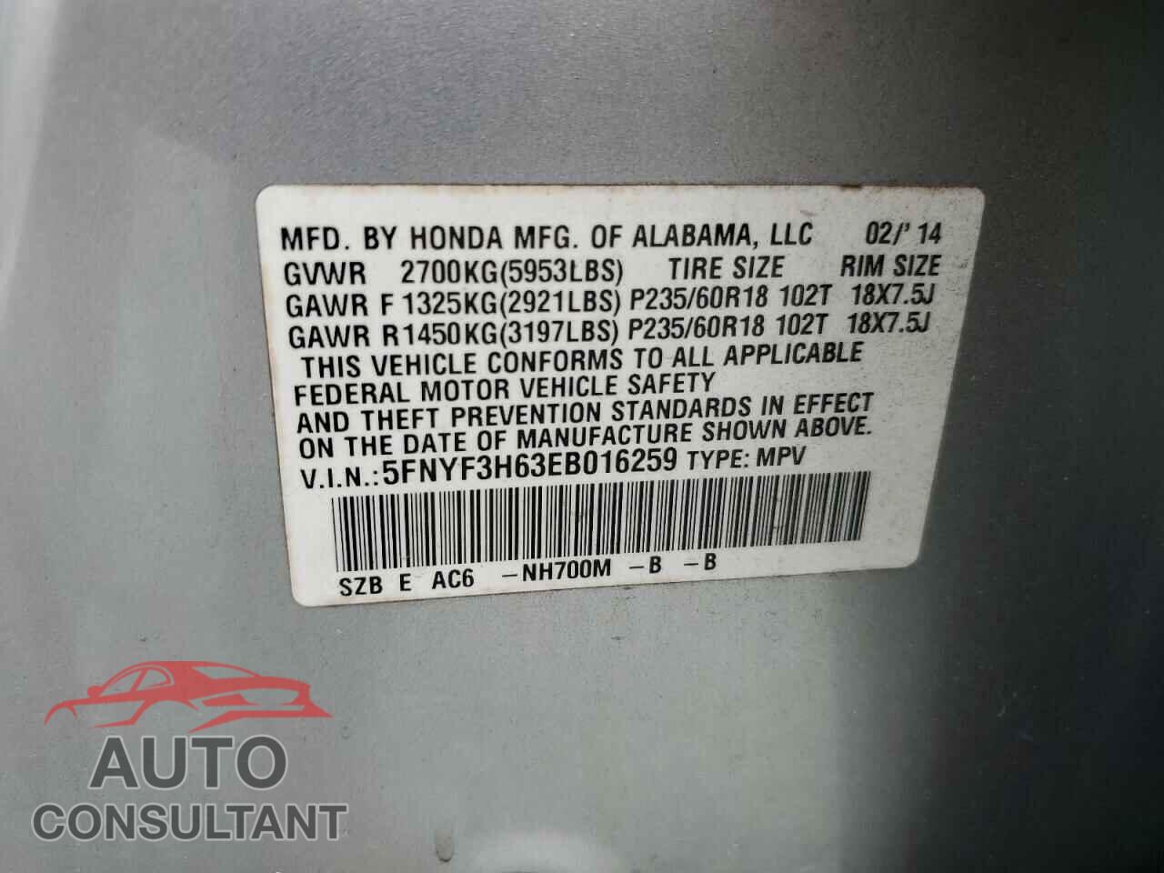 HONDA PILOT 2014 - 5FNYF3H63EB016259