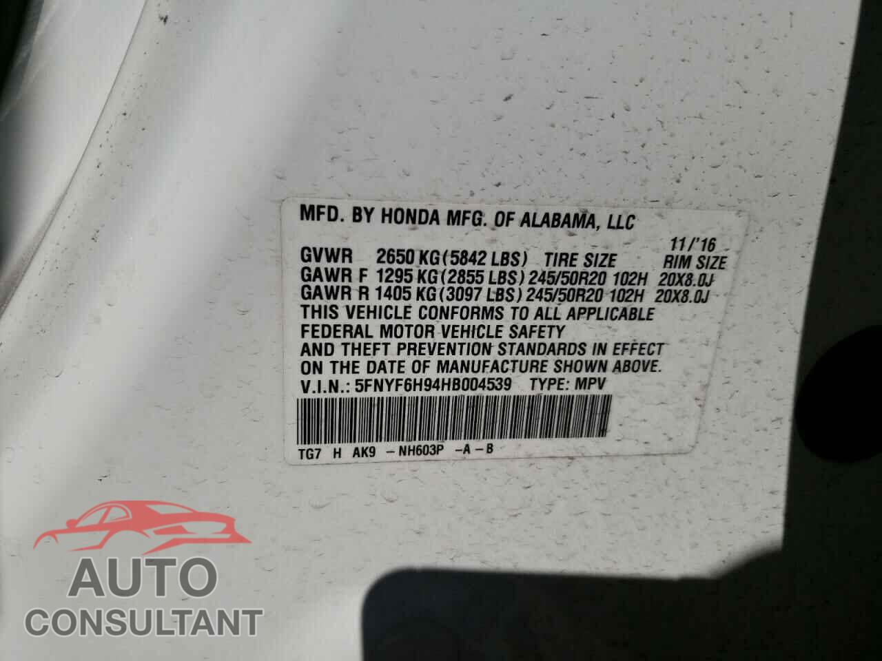 HONDA PILOT 2017 - 5FNYF6H94HB004539