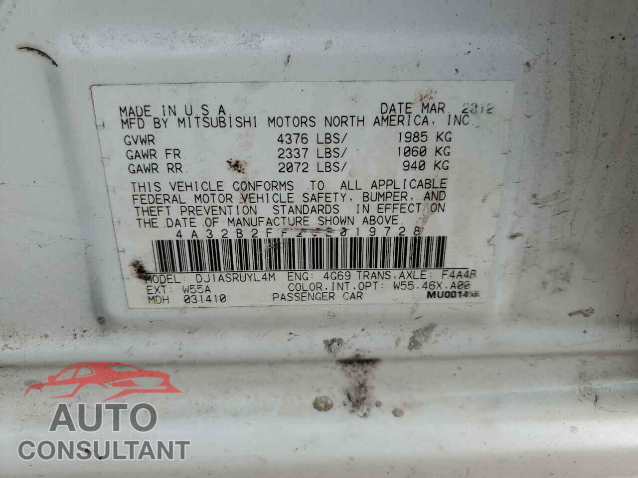 MITSUBISHI GALANT 2012 - 4A32B2FF2CE019728