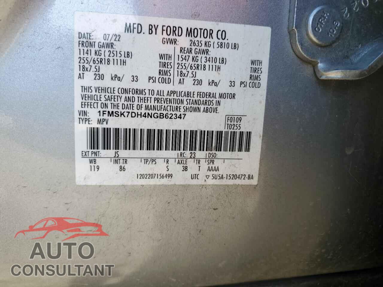 FORD EXPLORER 2022 - 1FMSK7DH4NGB62347