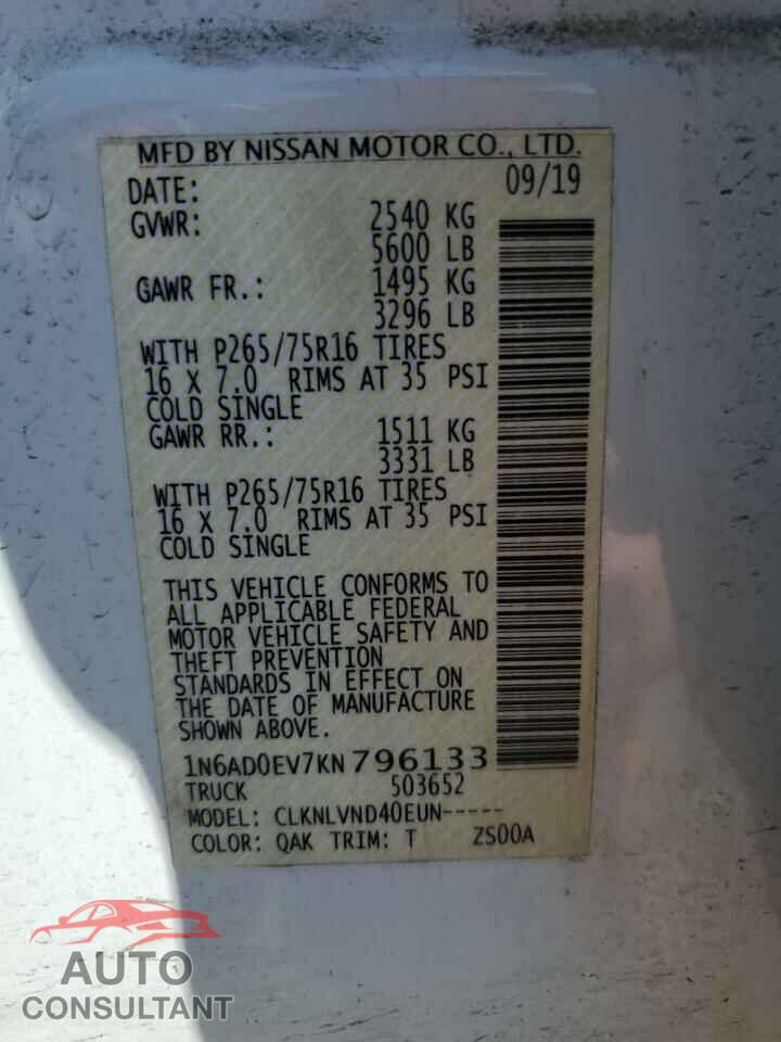 NISSAN FRONTIER 2019 - 1N6AD0EV7KN796133