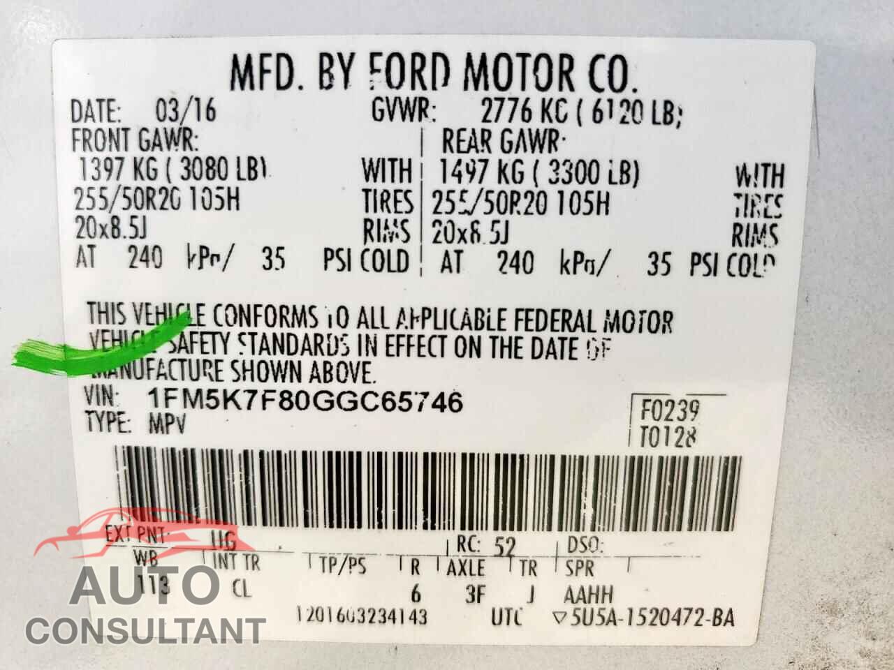 FORD EXPLORER 2016 - 1FM5K7F80GGC65746