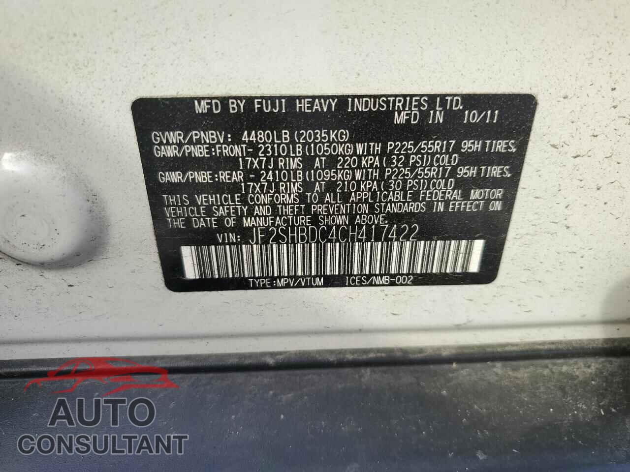 SUBARU FORESTER 2012 - JF2SHBDC4CH417422