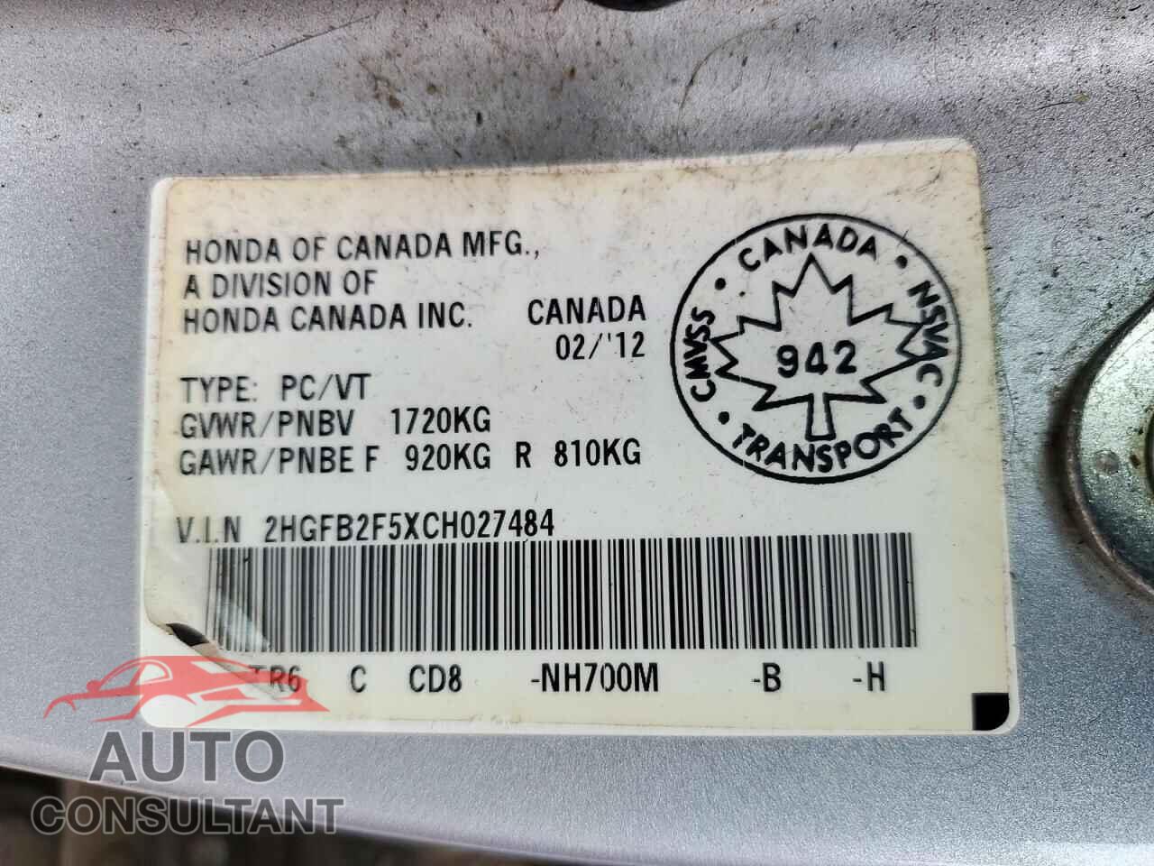 HONDA CIVIC 2012 - 2HGFB2F5XCH027484