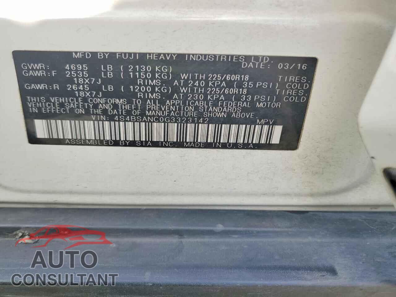 SUBARU OUTBACK 2016 - 4S4BSANC0G3323142