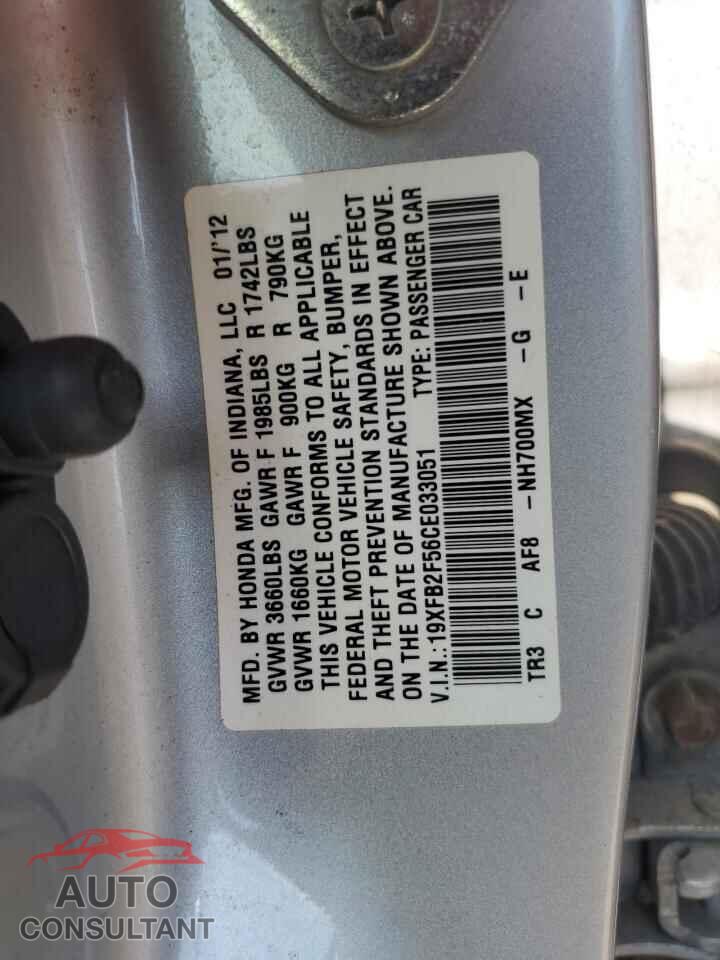 HONDA CIVIC 2012 - 19XFB2F56CE033051