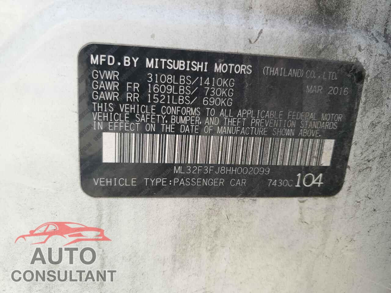 MITSUBISHI MIRAGE 2017 - ML32F3FJ8HH002099