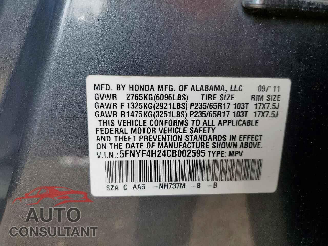 HONDA PILOT 2012 - 5FNYF4H24CB002595