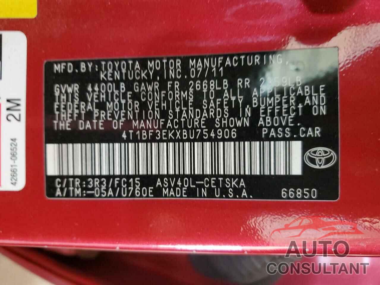 TOYOTA CAMRY 2011 - 4T1BF3EKXBU754906