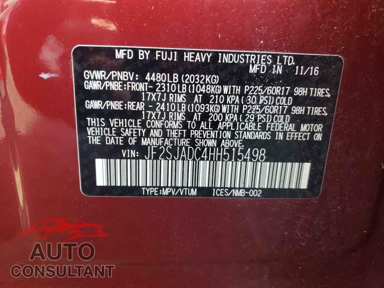 SUBARU FORESTER 2017 - JF2SJADC4HH515498