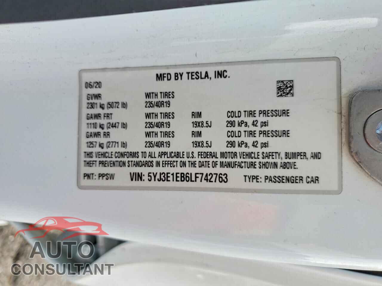 TESLA MODEL 3 2020 - 5YJ3E1EB6LF742763