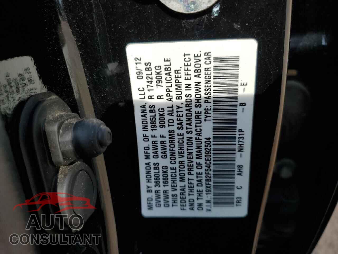 HONDA CIVIC 2012 - 19XFB2F54CE092504