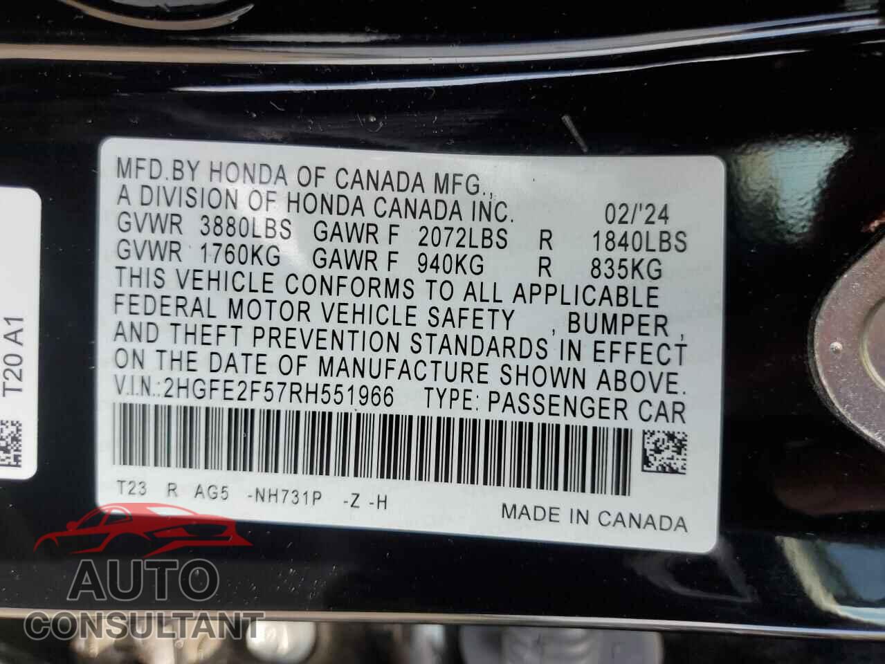 HONDA CIVIC 2024 - 2HGFE2F57RH551966