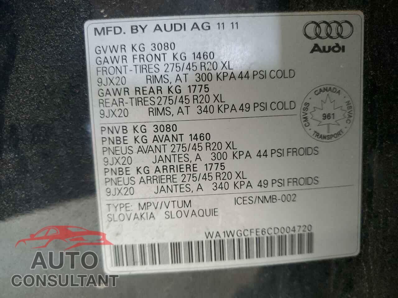 AUDI Q7 2012 - WA1WGCFE6CD004720