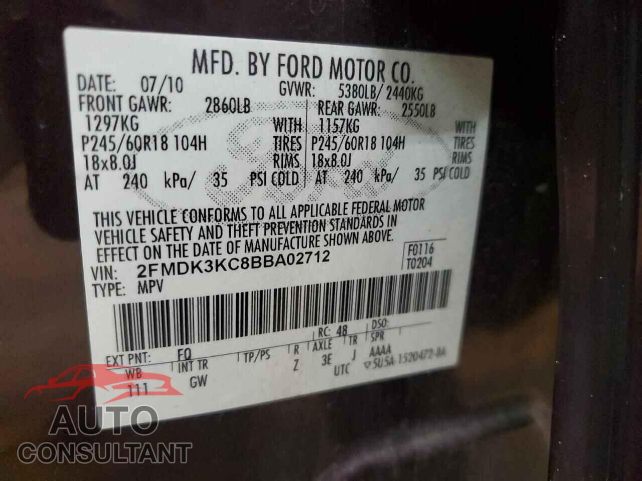 FORD EDGE 2011 - 2FMDK3KC8BBA02712