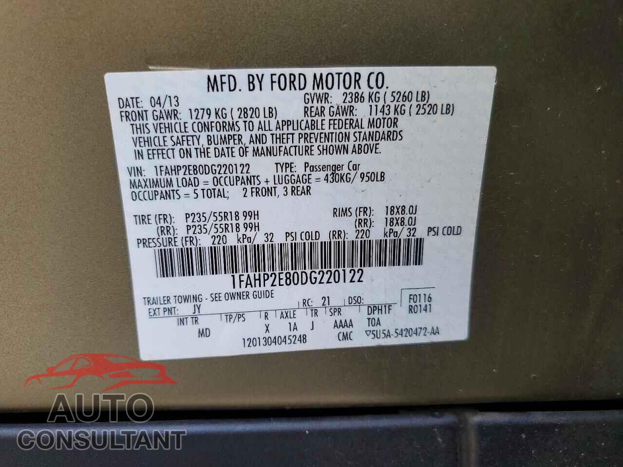 FORD TAURUS 2013 - 1FAHP2E80DG220122
