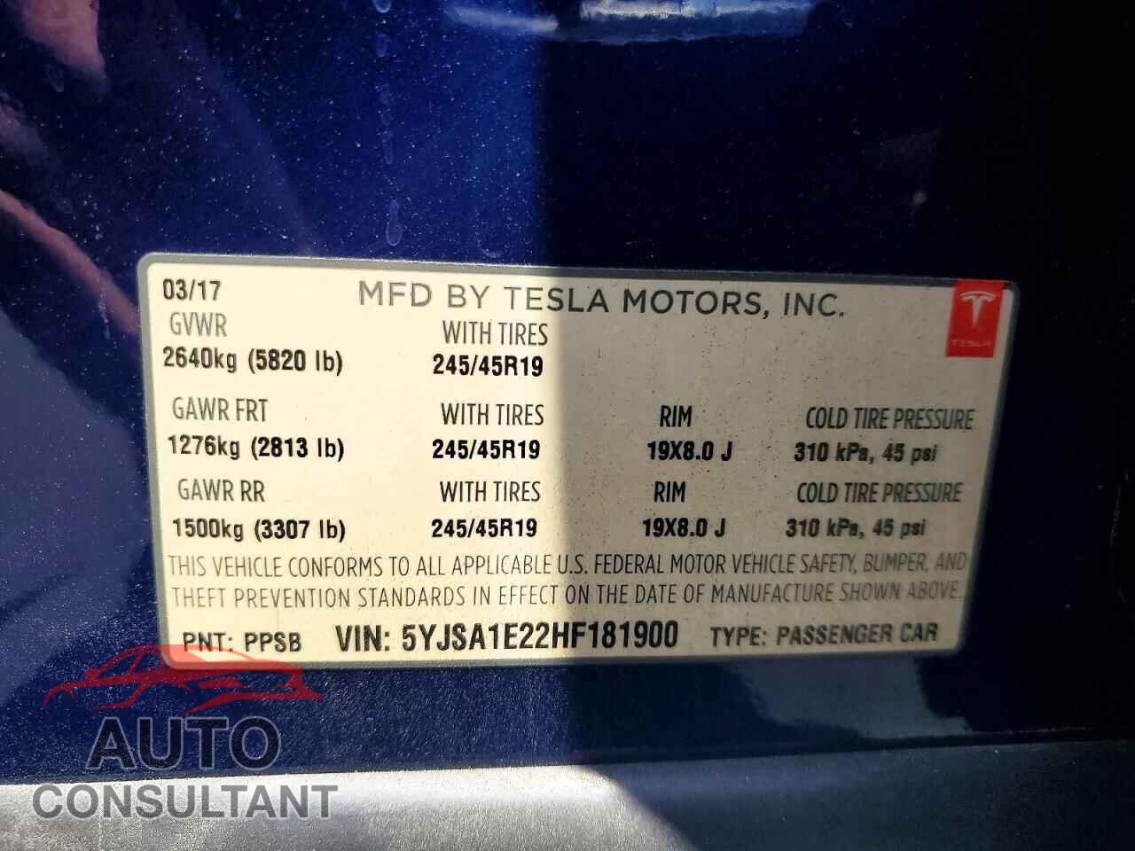 TESLA MODEL S 2017 - 5YJSA1E22HF181900