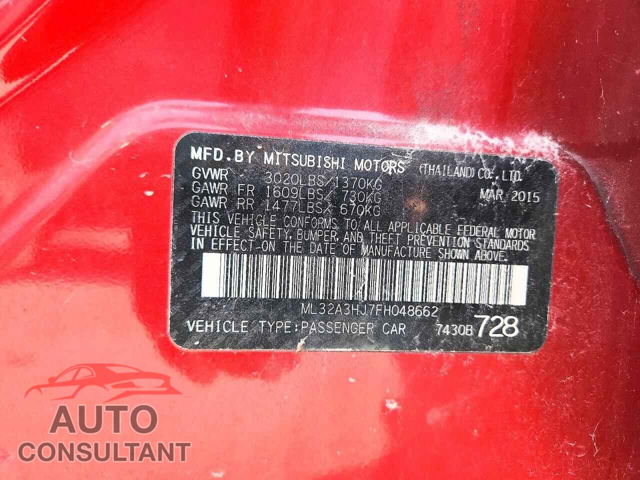 MITSUBISHI MIRAGE 2015 - ML32A3HJ7FH048662