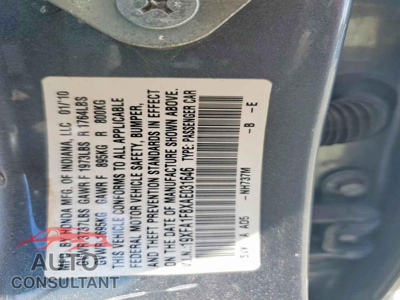 HONDA CIVIC 2010 - 19XFA1F8XAE031646