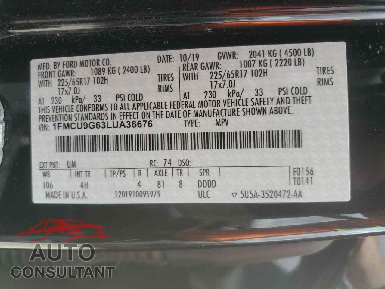 FORD ESCAPE 2020 - 1FMCU9G63LUA36676