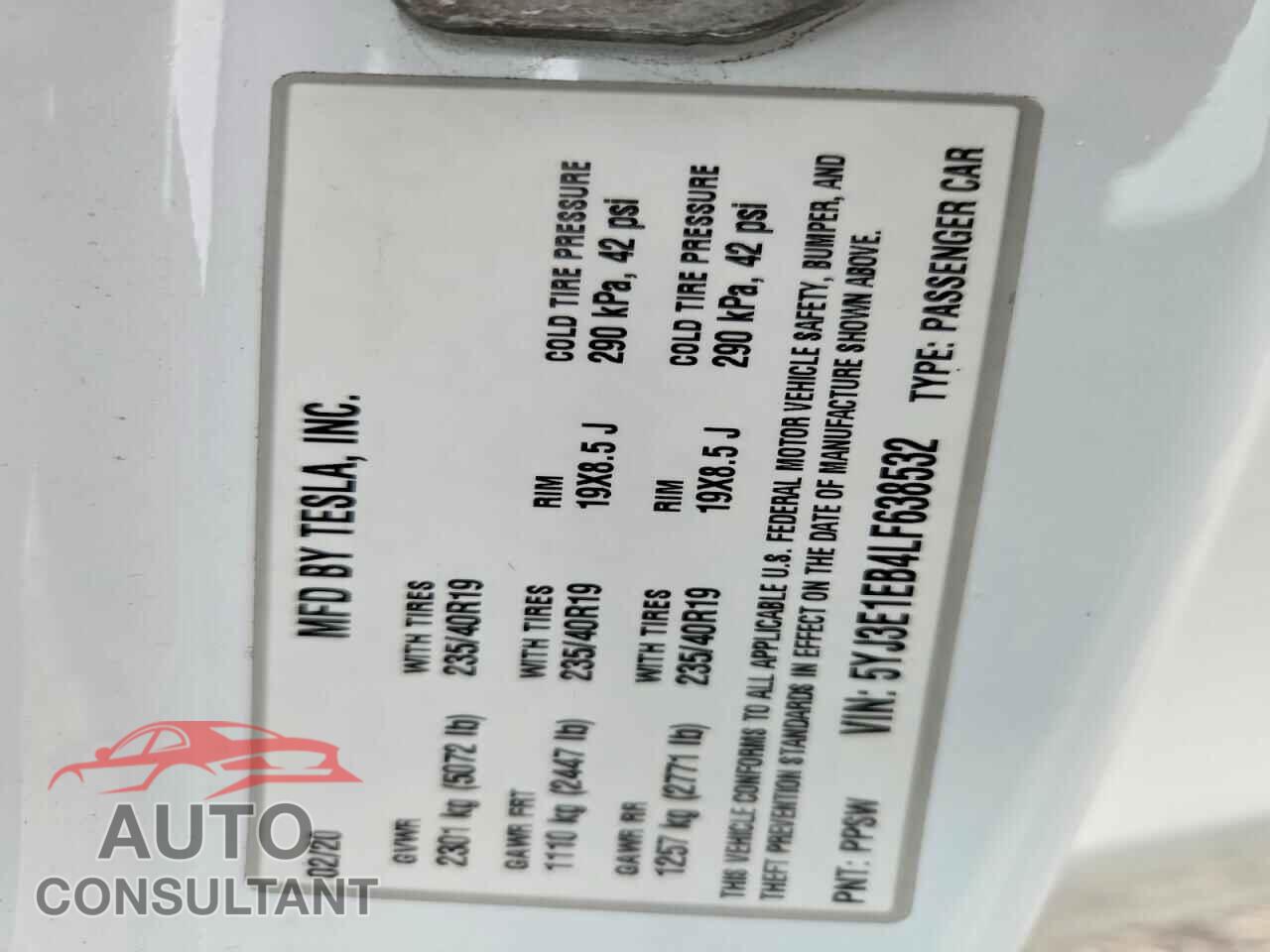 TESLA MODEL 3 2020 - 5YJ3E1EB4LF638532