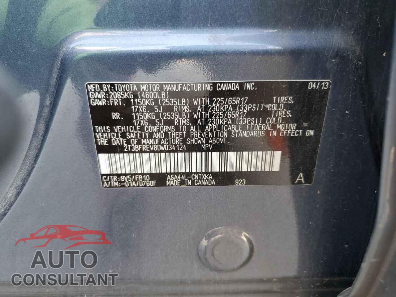 TOYOTA RAV4 2013 - 2T3BFREV8DW034124