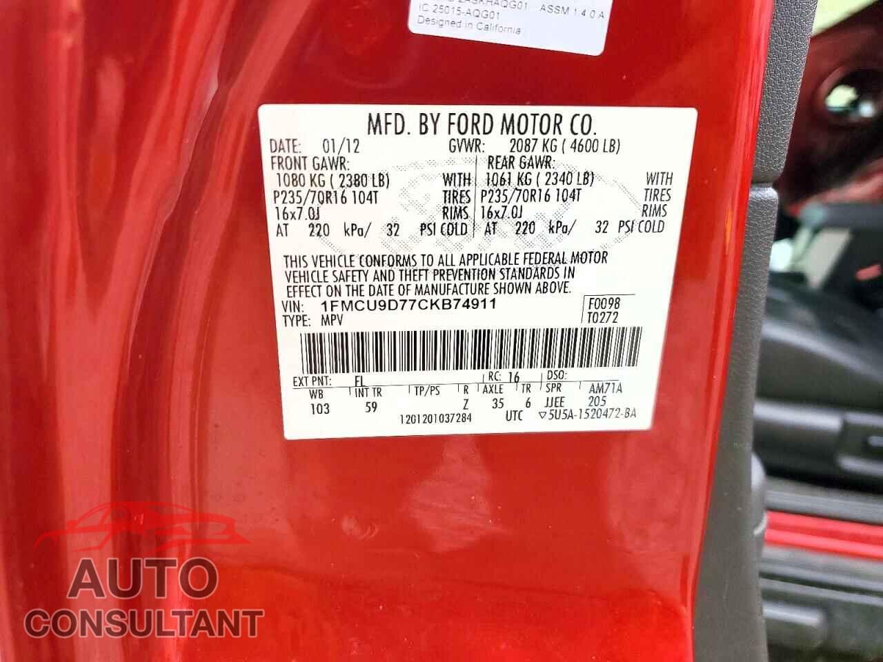 FORD ESCAPE 2012 - 1FMCU9D77CKB74911