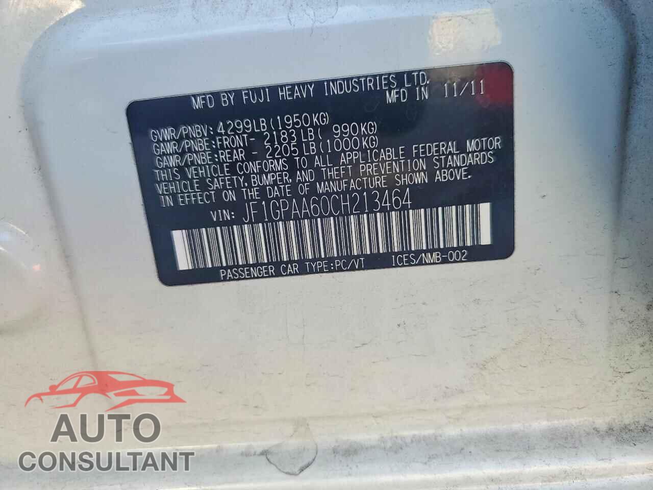 SUBARU IMPREZA 2012 - JF1GPAA60CH213464