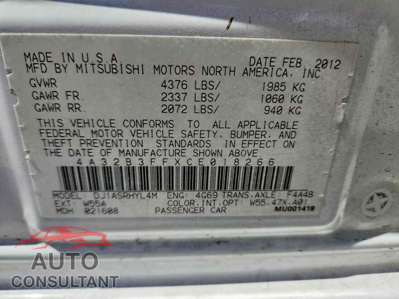 MITSUBISHI GALANT 2012 - 4A32B3FFXCE018266