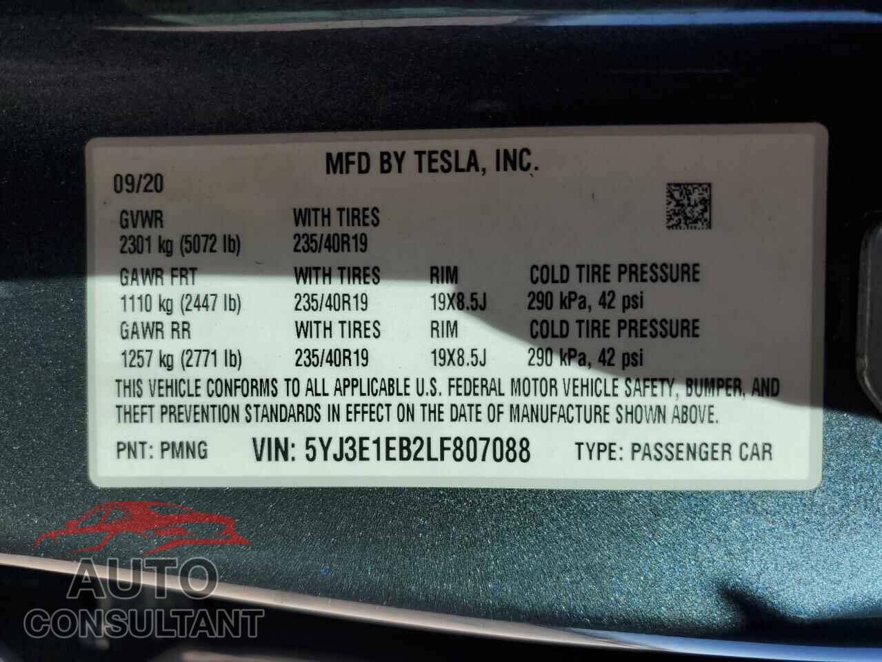 TESLA MODEL 3 2020 - 5YJ3E1EB2LF807088