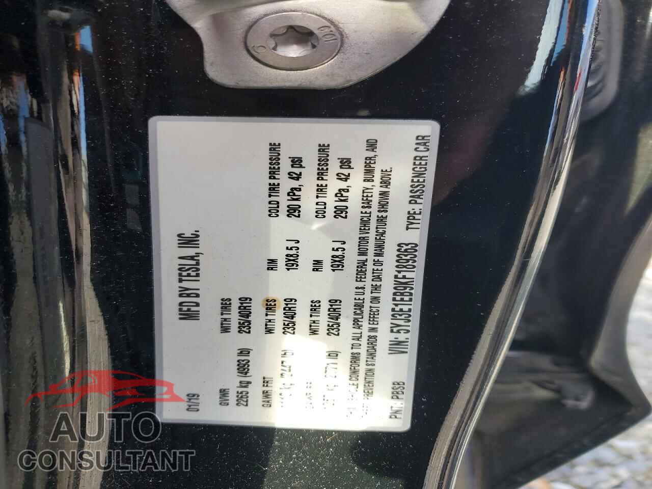 TESLA MODEL 3 2019 - 5YJ3E1EB9KF189363