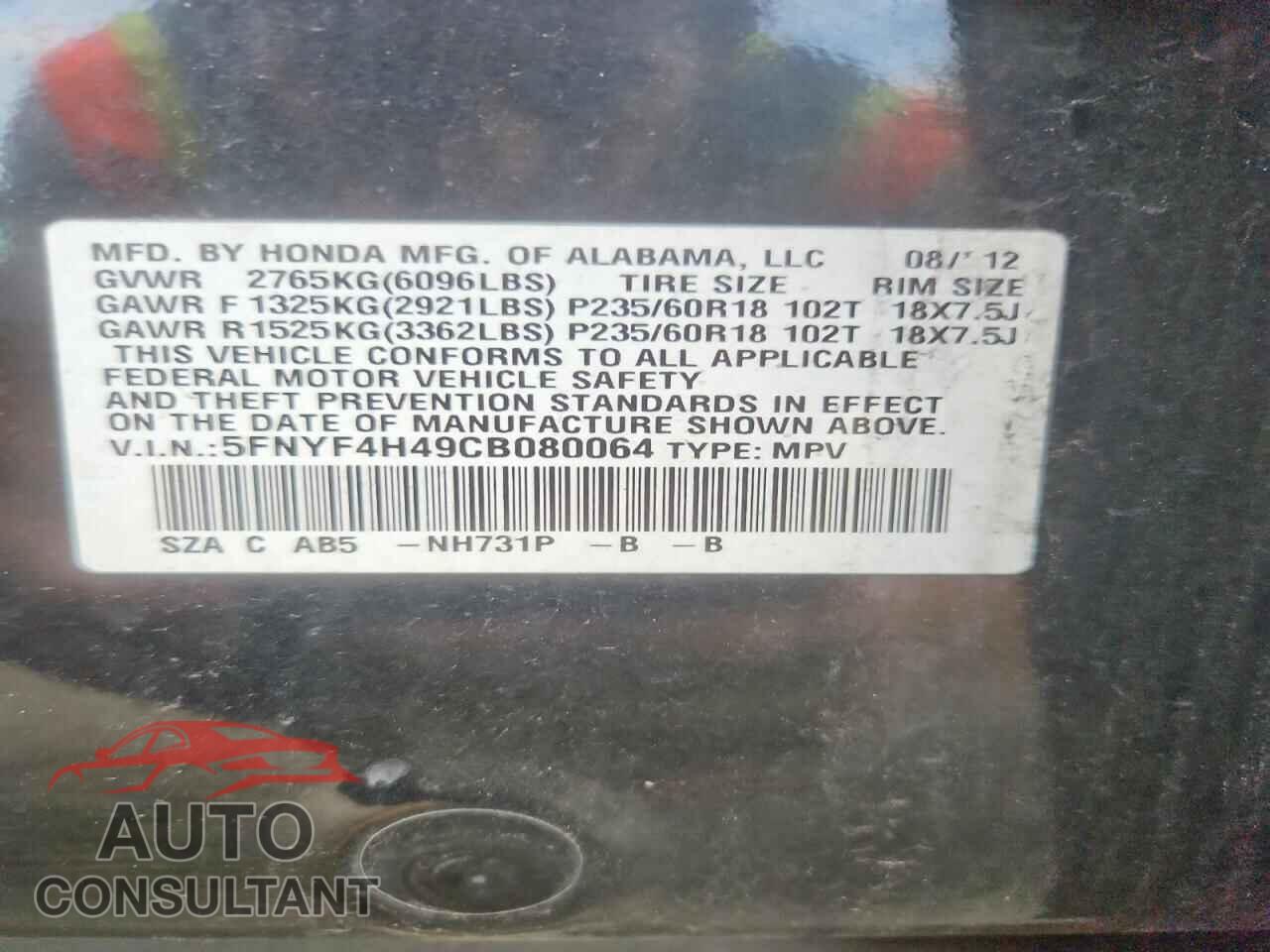 HONDA PILOT 2012 - 5FNYF4H49CB080064