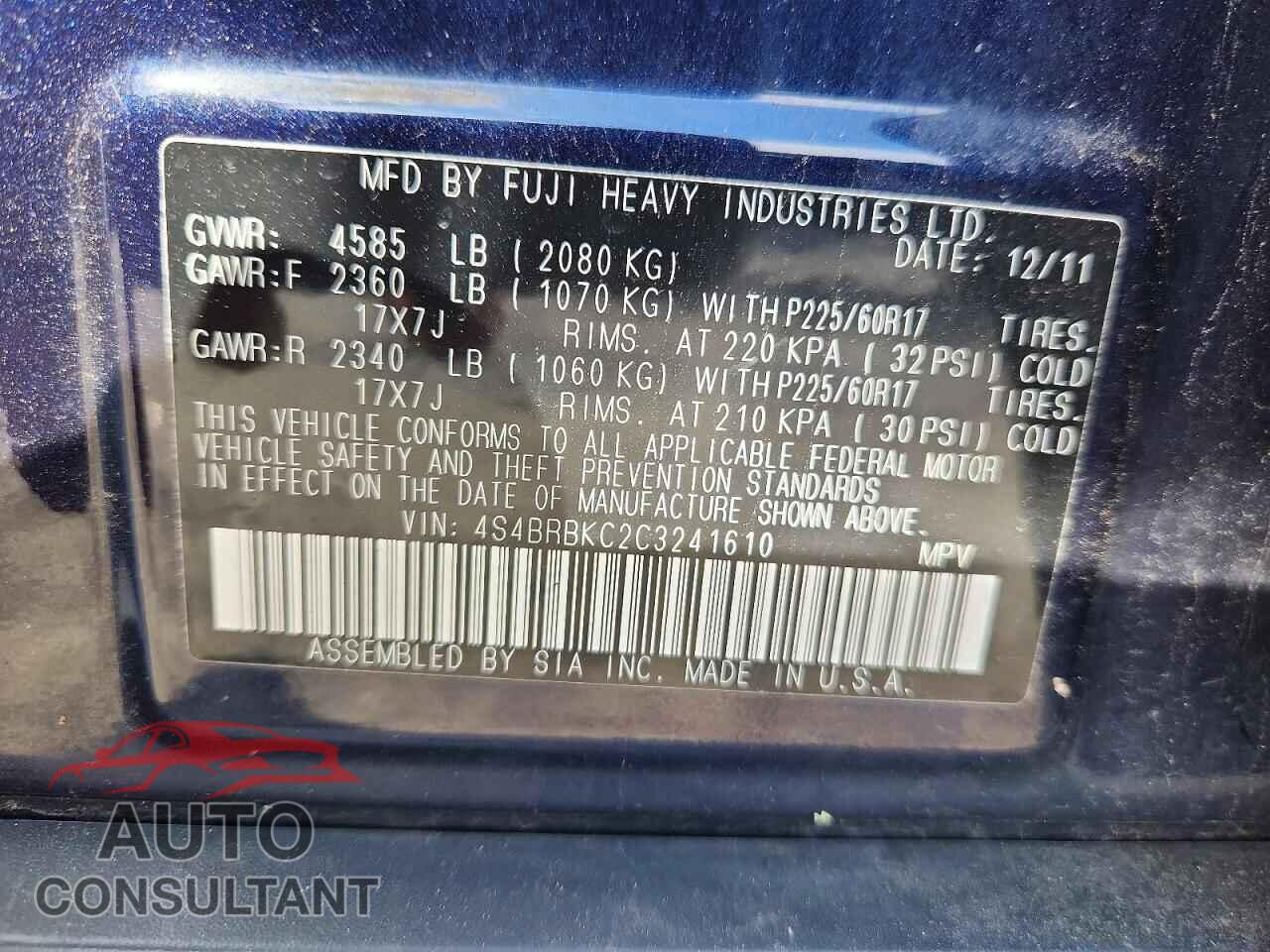 SUBARU OUTBACK 2012 - 4S4BRBKC2C3241610